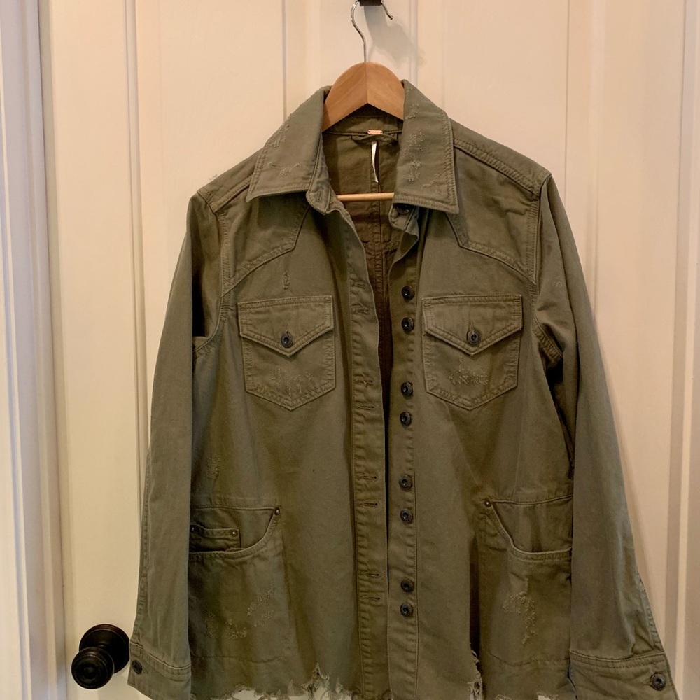 Free People Moonchild Army Green Distressed Button up Shacket - Picture 4 of 5